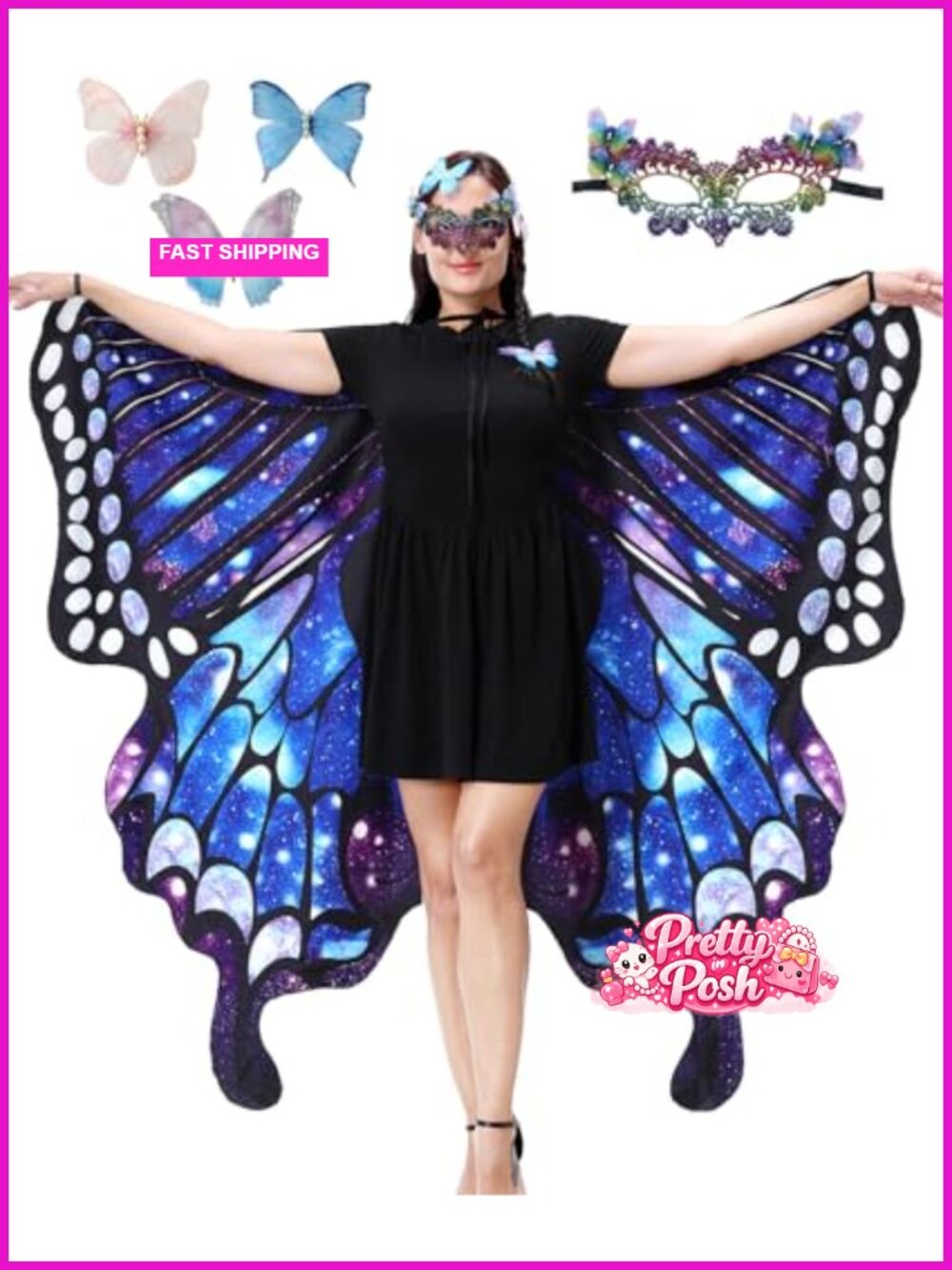 Butterfly Costume for Women Double Sided Fairy Wings 5Pc Halloween Accessory Set